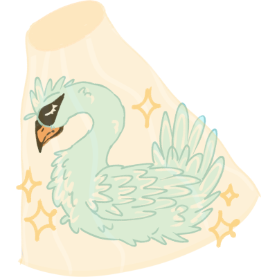 A blueish-white swan with a yellow spotlight on it and sparkles surrounding it